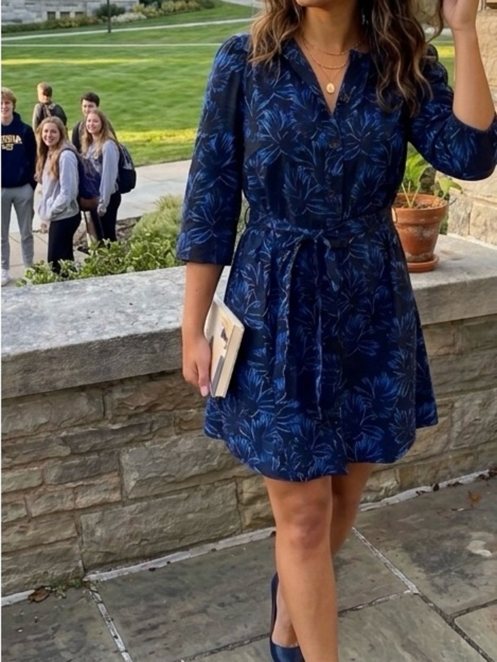 Who What Wear Navy & Royal Blue Floral Mini Dress with Waist Tie